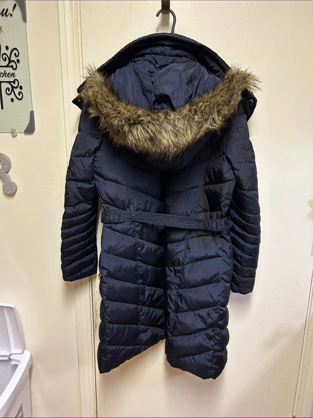 Michael Kors Navy Down Filled Quilted Belted Puffer Coat with Faux Fur Hood
